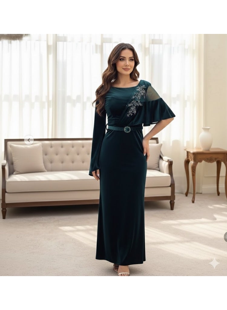 FULL JOY Maxi Velvet Dress Embroidered with sequins and Beads, with open Sleeves of varying lengths and shapes, and a Crystal-Studded Belt. - Image 1